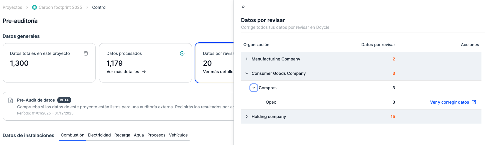 The project pre-audit panel, with a Purchases tab and counters for records with errors or pending review