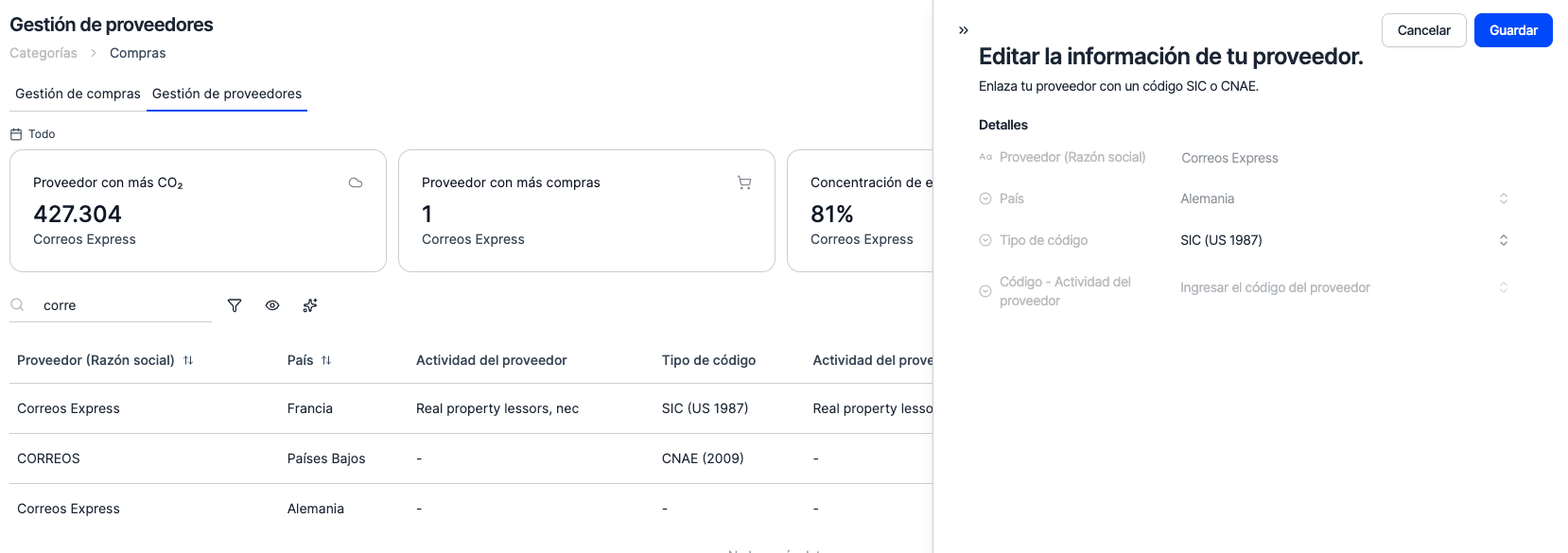 The Supplier management tab, showing each supplier's detected activity and the Under review status