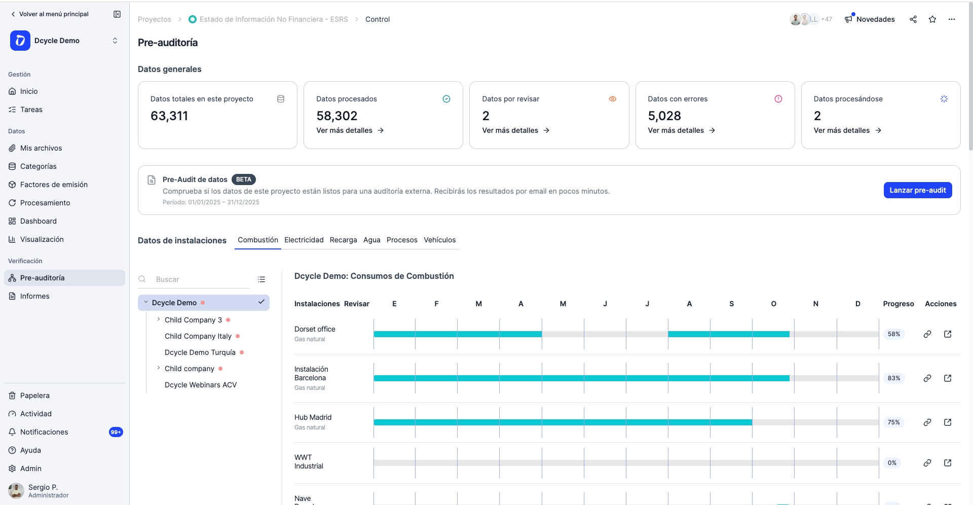 The project pre-audit panel, with a Vehicles tab and counters for records with errors or pending review