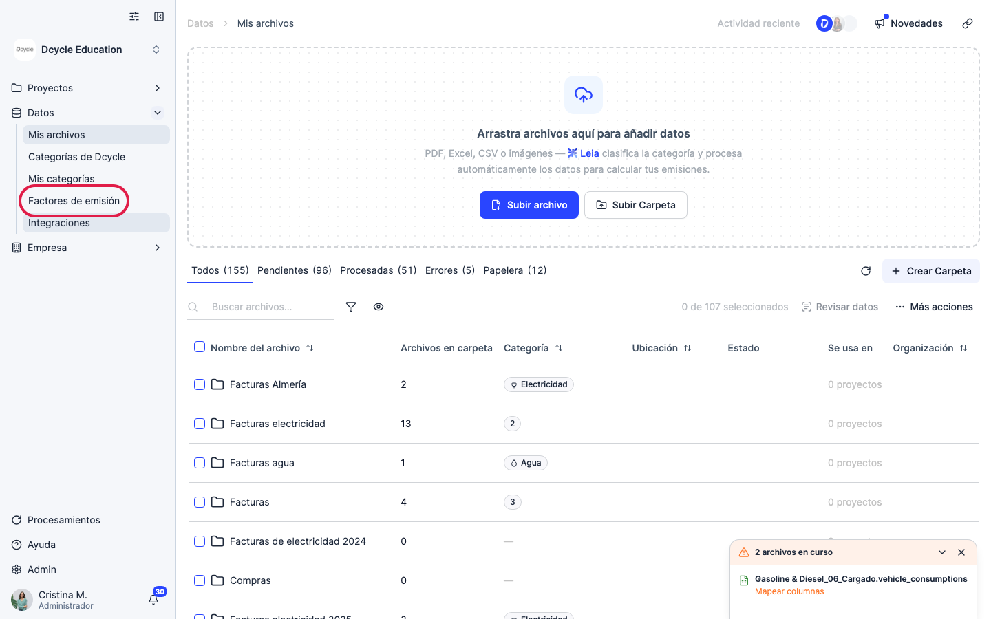 Clic en Datos y Factores de emisión