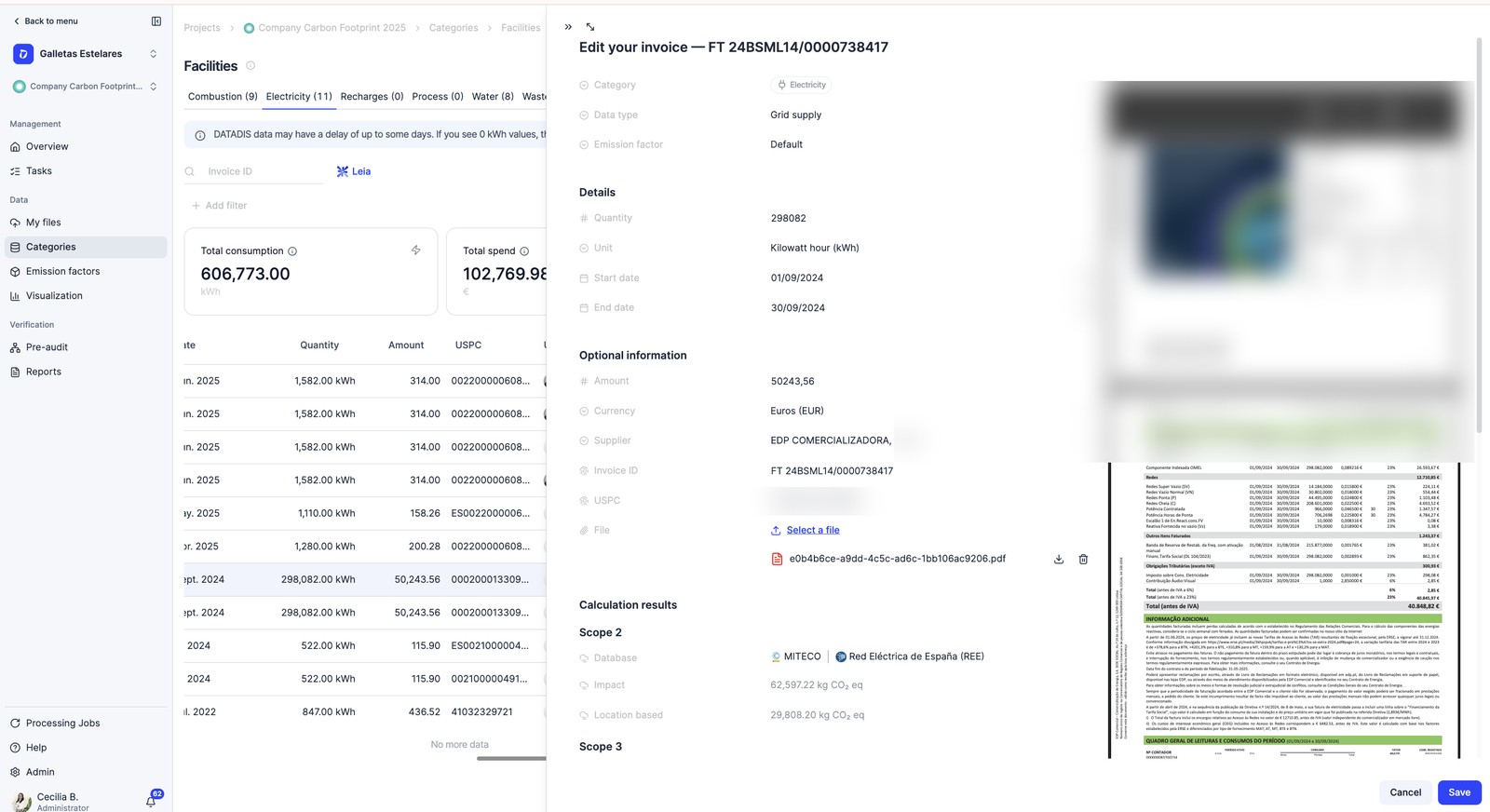 Facility consumption with its invoice attached